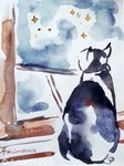 Le chat qui regarde les étoiles - aquarelle